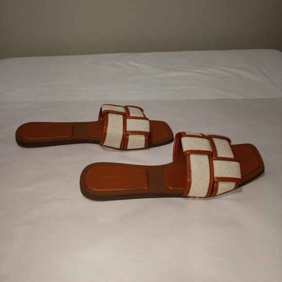 RESERVED SQUARE TOE SLIDERS WITH FABRIC STRAPS BEIGE BROWN WOMENS SIZE 41 - Picture 5 of 7
